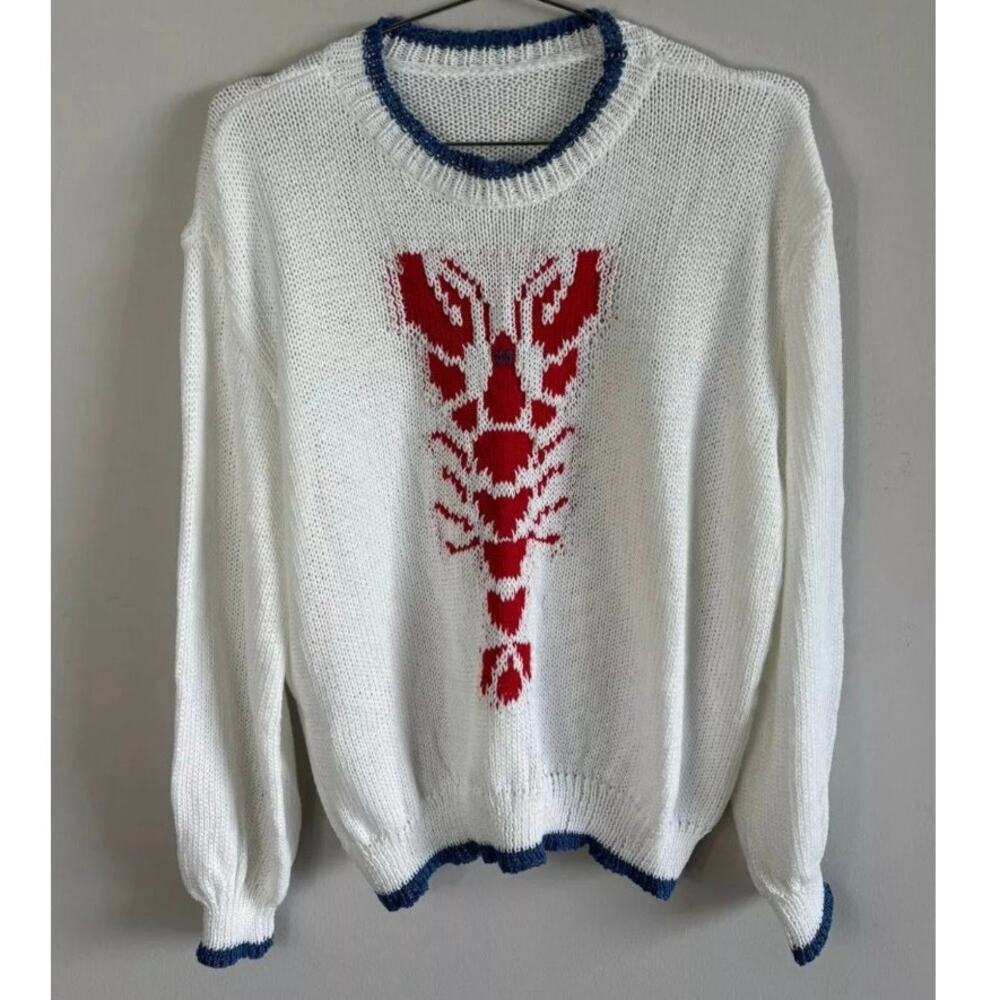 White Knit Crewneck Sweater with Red Graphic Motif